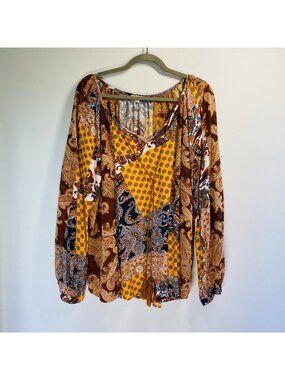 Boho Patchwork Paisley Blouse With Tassels Oddy 1XL Rayon Long Sleeve Multicolor